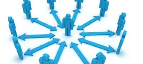 Image of a person connected with customers by arrows.