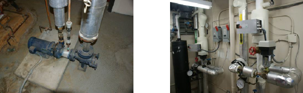 (Left) The existing 3HP Constant Speed End Suction Pump operating in Barracks 1511 (Right) The Wilo-Stratos 3x3-40 High Efficiency Circulator installed in Barracks 1506