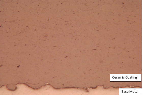 Figure 6: Chrome oxide ceramic coating, homogenous microstructure, hardness 1400 Vickers, porosity content 0.6%