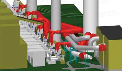 Figure 1: 3D model of the flue gas system with new ducts in red