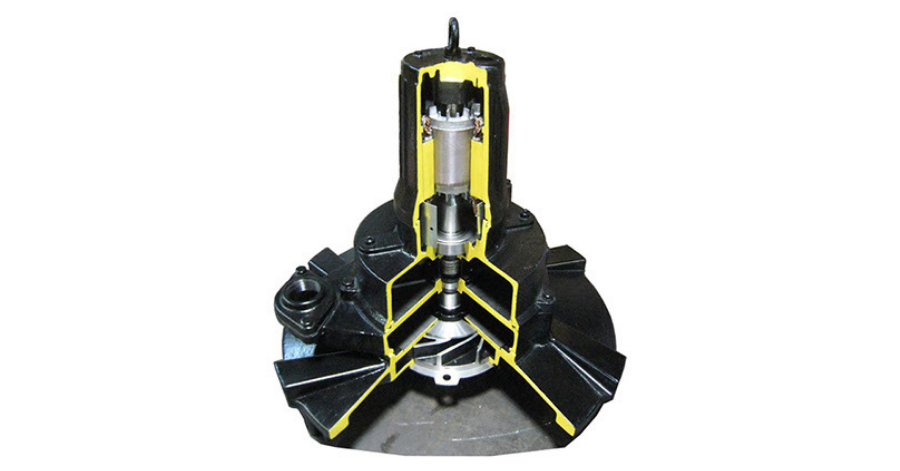 Cutaway of a Tsurumi TRN submersible self-aspirating aerator, designed for aeration and mixing of wastewater.